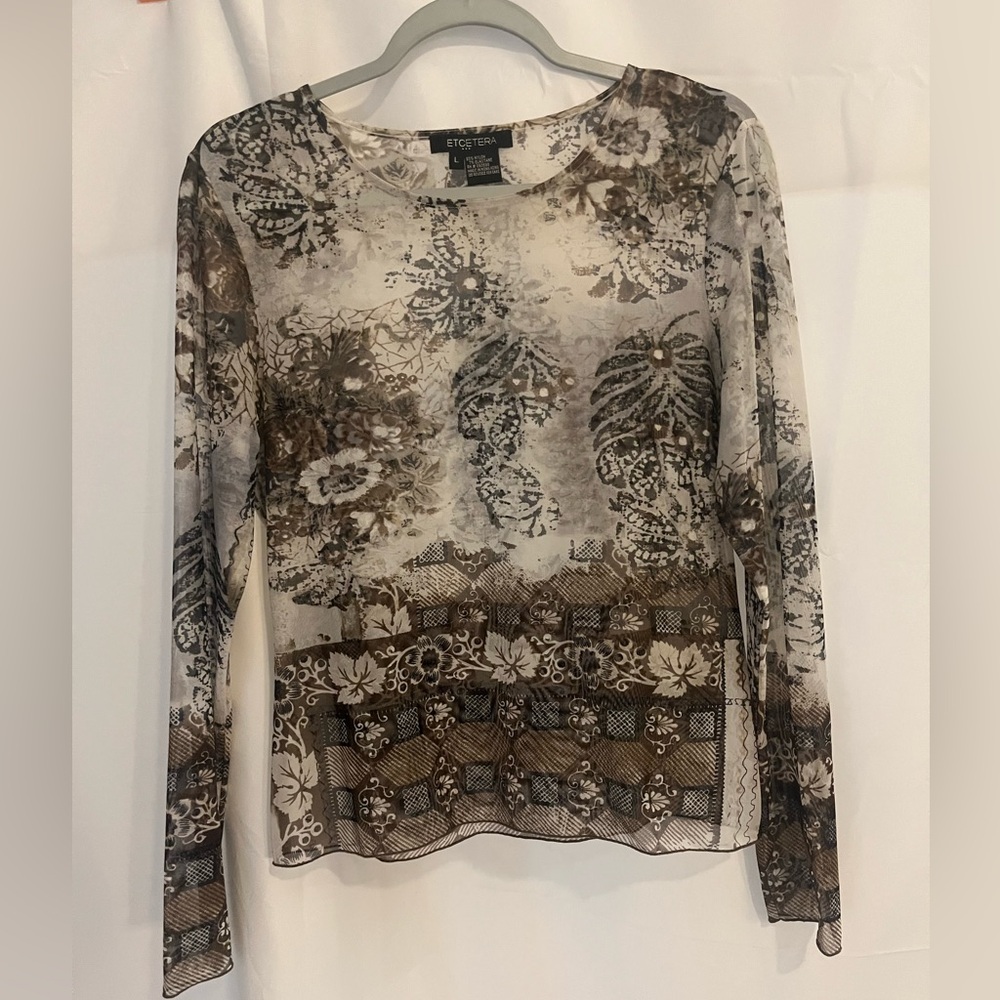 Etcetera Y2K Women's Brown and Cream Patterned Sheer Whimsigoth Blouse